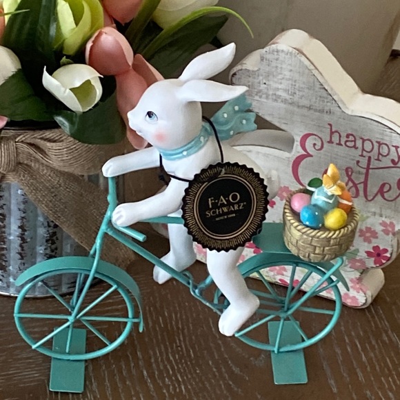 FAO Schwarz Other - Spring Easter Bunny Rabbit Riding Vintage Teal Bicycle with Basket